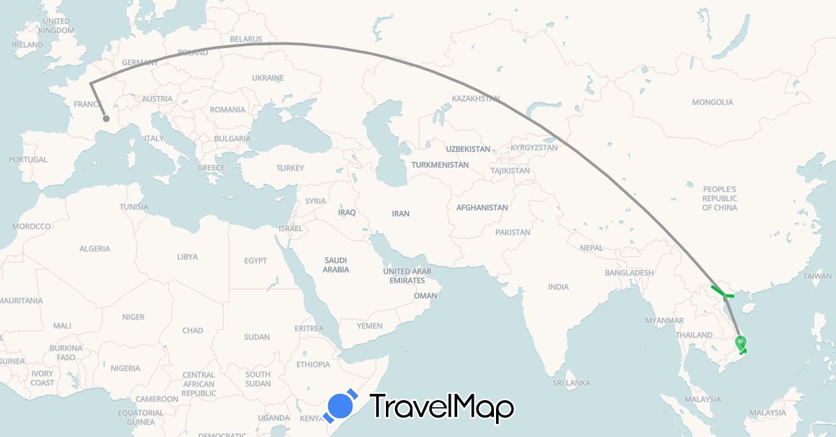 TravelMap itinerary: bus, plane, train in France, Vietnam (Asia, Europe)